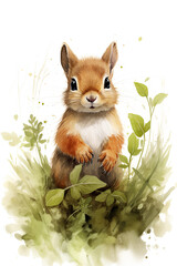 Squirrel surrounded by foliage isolated on a white background watercolor style