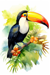 Naklejka premium Toucan bird surrounded by foliage sitting on a branch isolated on a white background watercolor style