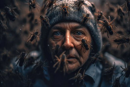 Man with entomophobia (fear of insects) is surrounded by several insects (Generative AI)