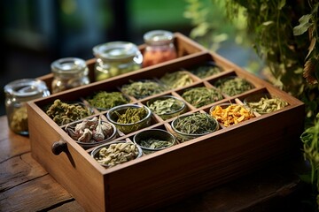 variety of herbal teas in a wooden box. Generative AI