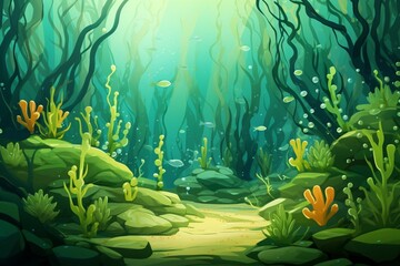 Fototapeta na wymiar Cartoon seaweed in underwater world with green leaves and sand caustics. Generative AI