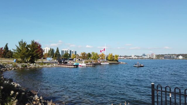 View of the lake Simcoe and embankment in Barrie, Ontario, Canada on a clear September day.