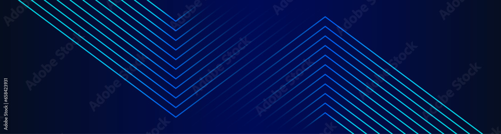 Poster Modern futuristic design background. Glowing blue geometric lines pattern. Abstract shiny blue arrow frame. Digital future AI technology concept. Horizontal banner template. Vector illustration
