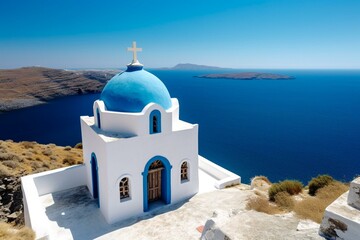 Greek island paradise with picturesque blue sea and iconic white church. Generative AI