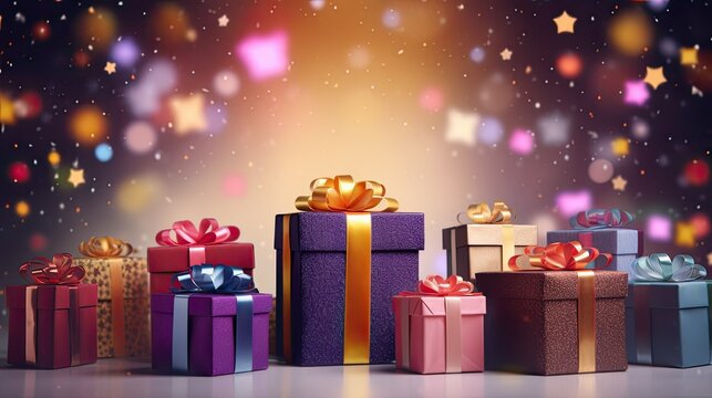 Lots of Beautiful Christmas gifts wrapped in different colored papers on a festive background, AI generated image