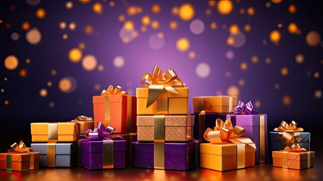Christmas gifts wrapped in different colored papers on a luxurious purple background, AI generated image