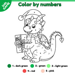 Coloring page by numbers for children with dragon in Christmas red santa claus hat. Color cartoon holiday dragon with a gift in paws. Activity for kids. Vector outline illustration of symbol new year.