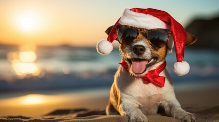 Dog dress up in Christmas costumes at Christmas party on beach. 