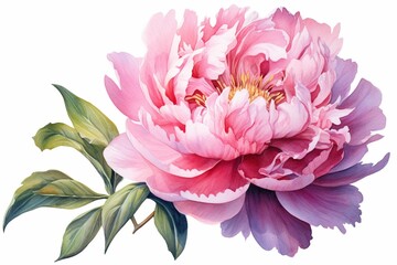 Realistic watercolor painting of a beautiful pink peony flower on a white background. Generative AI