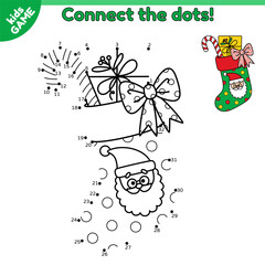 Dot to dot game for children. Connect the dots by numbers and draw a Cartoon Christmas stocking with Santa Claus. Activity book for kids. Baby educational puzzle. Vector Xmas sock with gift and candy.