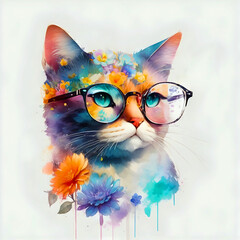 A close-up portrait of a fashionable-looking Multicolored colorful fantasy cute stylish cat wearing sunglasses. Generative AI illustration. Printable design for t-shirts, mugs, cases, etc.