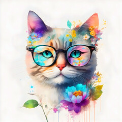 A close-up portrait of a fashionable-looking multicolored colorful fantasy cute stylish cat wearing sunglasses. Generative AI illustration. Printable design for t-shirts, mugs, cases, etc.