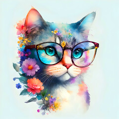A close-up portrait of a fashionable-looking colorful fantasy cute stylish cat wearing sunglasses,  side view. Generative AI illustration. Printable design for t-shirts, mugs, cases, etc.