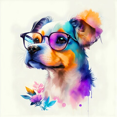 A close-up portrait of a fashionable-looking multicolored colorful fantasy cute stylish dog wearing sunglasses. Generative AI illustration. 