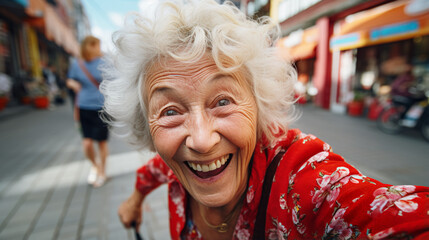 a person of any age breaks into a spontaneous grin, their playful smile capturing the magic of a carefree moment. 