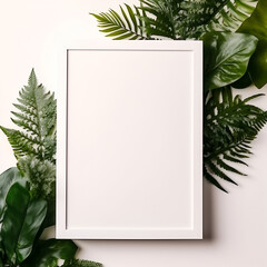 blank portrait frame with plain background or with real plants background in a museum