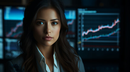 a female data analyst analyzes data trends, charts, and graphs on digital screens, her analytical skills and data insights driving informed business decisions