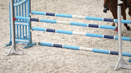 Equestrian event: bridleless jumping competition, sandy indoor arena.
