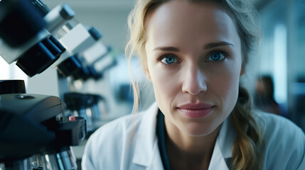 a female medical researcher works in a lab, microscope and research samples in view, her dedication to medical science