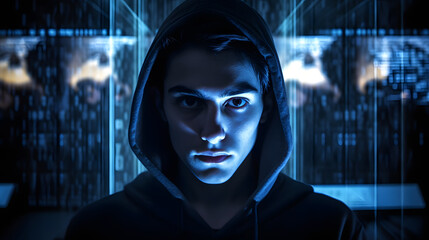 Intensely Focused Hacker's Face Illuminated by Multiple Screens' Light, AI Generated Image