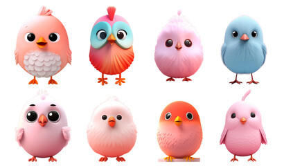 Fototapeta premium Set of cute little birds creative minimal 3d style isolated white background, remove background