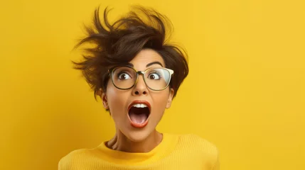 Fotobehang Portrait of excited young woman wearing eyeglasses with flying hair surprised on yellow background. © Synthetica
