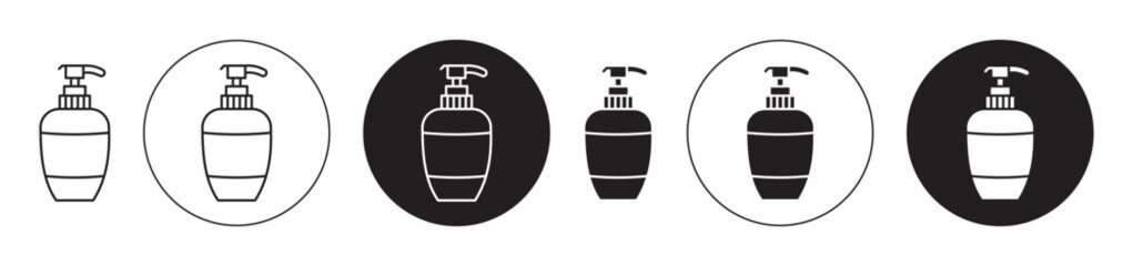 Liquid soap bottle icon set. hand pump lotion vector symbol. gel shampoo product sign in black filled and outlined style.