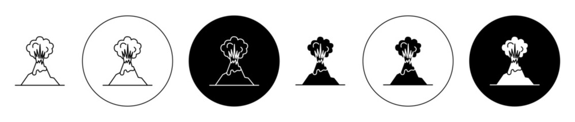 Volcano eruption icon set. erupting volcanic explosion vector symbol in black filled and outlined style. - obrazy, fototapety, plakaty