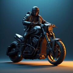 Fototapeta na wymiar Male 3D character wearing a black jacket and helmet riding a motorbike