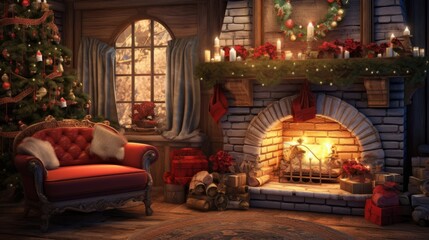 Fototapeta na wymiar Christmas interior with fireplace, armchair and Christmas tree