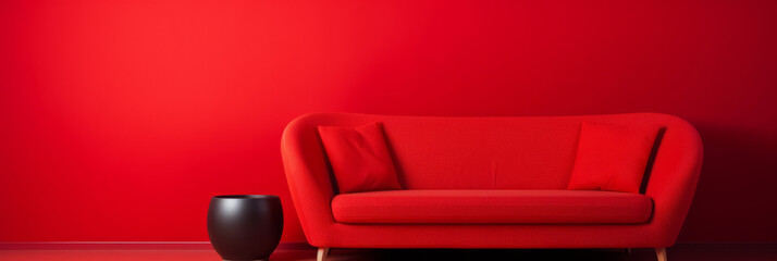 Red sofa or couch and a side table on solid red background banner, brigt color and energetic interior