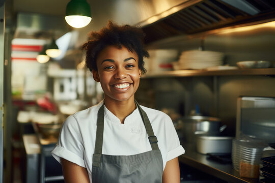 Smiling black female chef in her restaurant, women and black owned business concept
