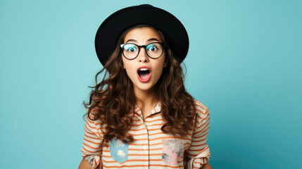 Young beautiful woman, fashion teen girl student wearing glasses and hat standing over blue background surprised and shocked with surprise expression, excited face - obrazy, fototapety, plakaty