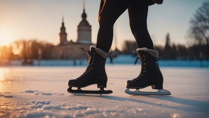 A beautiful woman ice skating on ice rink in winter at sunset - obrazy, fototapety, plakaty