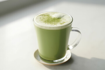 Matcha latte in a glass with latte art on a sunny day on white table