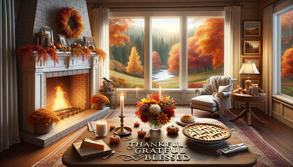 Render of a Thanksgiving card that captures the essence of a cozy indoor setting. A fireplace crackles, casting a warm glow on the room - obrazy, fototapety, plakaty