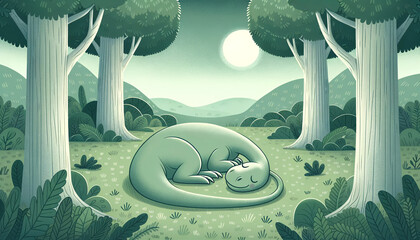 Sleeping dinosaur nestled in a grassy meadow. The dinosaur, a gentle herbivore with long neck and tail, rests with its eyes closed