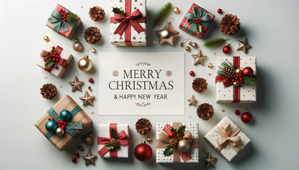 Christmas and New Year theme background. On a clean white backdrop, various Christmas presents in different sizes are displayed
