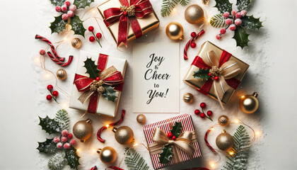 Holiday background capturing the essence of Christmas and New Year celebrations. Top view photograph of meticulously wrapped Christmas gifts