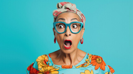 Portrait of shocked stylish funny mature woman in eyeglasses feeling surprised looking away on blue background. - obrazy, fototapety, plakaty