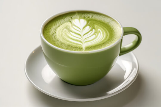 Matcha latte in a mug with latte art on a sunny day on white table