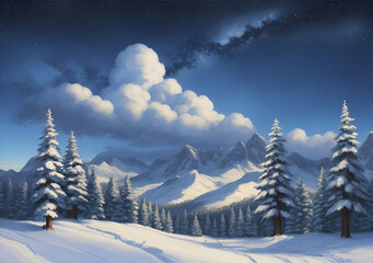 Illustration of a winter night landscape with pine trees, mountains, clouds, snow, and stars. Generative AI