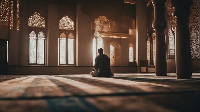 Muslims worshiping in the mosque, back view