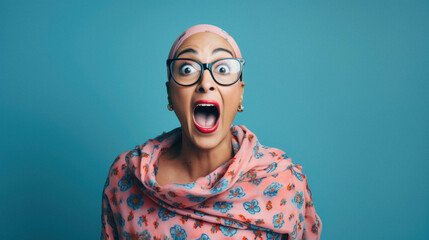 Young funny african american woman screaming wearing glasses looking crazy and amazed with open mouth . Shouting isolated on blue - obrazy, fototapety, plakaty