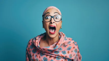 Fotobehang Young funny african american woman screaming wearing glasses looking crazy and amazed with open mouth . Shouting isolated on blue © Synthetica