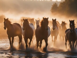 A wild herd of natural horses crossing the river, golden hour