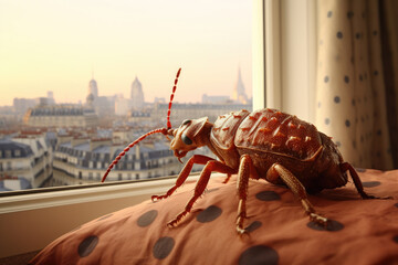 Huge bed bug sitting on a bed and looking into the window to Paris - obrazy, fototapety, plakaty