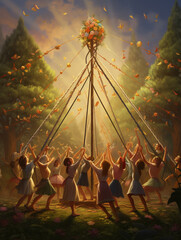 A Surreal Illustration of Friends Dancing Around a Makeshift Maypole - obrazy, fototapety, plakaty