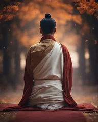 Poster Buddhist person meditating in traditional attire. © abu