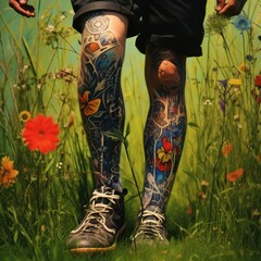 A man with a tattoo on his leg standing in a field of flowers. Generative AI.